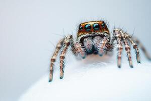 A vibrant jumping spider with striking iridescent eyes photo