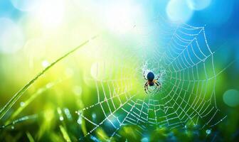 Dewdrops adorn a spiderweb with a spider at its center photo