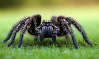 A hairy dark spider crawls on green grass photo