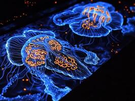 Glowing Blue Jellyfish Illuminated Underwater Scene photo