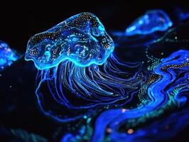 Luminous Jellyfish Illuminated In Deep Ocean Waters photo