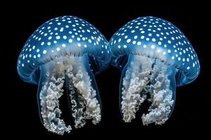Two Spotted Jellyfish Face Each Other In Dark Water photo