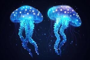 Two luminous jellyfish gracefully swim in the dark ocean photo