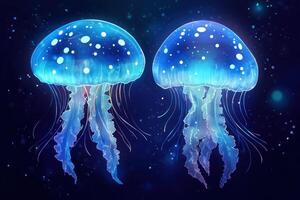Two luminous jellyfish swim in a dark ocean photo