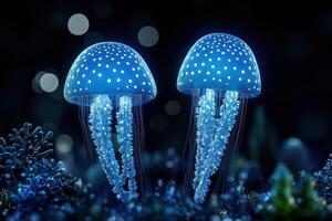 Two luminous jellyfish glow in the deep ocean photo