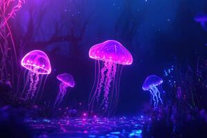 Glowing Jellyfish Swim in a Neon Underwater Scene photo