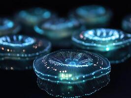 Bioluminescent Jellyfish Glowing In The Deep Ocean photo