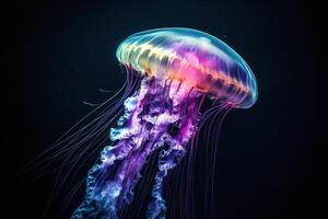 A luminous jellyfish floats gracefully in the dark ocean photo
