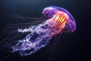 Illuminated Jellyfish Swims Gracefully Through Dark Waters photo