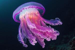 A majestic purple jellyfish gracefully floats in the ocean depths photo
