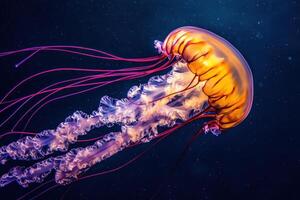 A luminous jellyfish gracefully floats in dark water photo