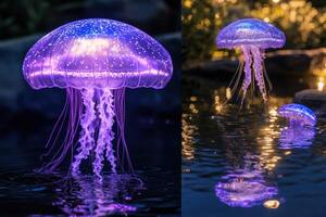 Illuminated Jellyfish Glow in Dark Water photo