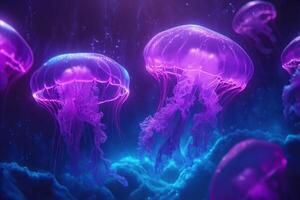Illuminated Jellyfish Swim Gracefully Underwater photo