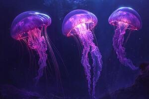 Three luminous purple jellyfish swim gracefully in the deep ocean photo