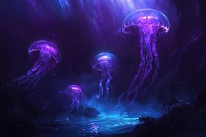 Bioluminescent Jellyfish Illuminate Dark Underwater Cave photo