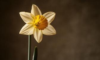 A single yellow flower with a yellow center sits on a stem photo
