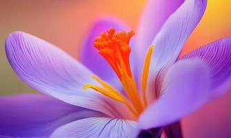 A close up of a purple flower with an orange center photo