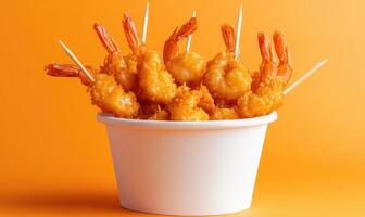 A bowl of fried shrimp with toothpicks holding them together photo