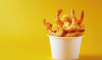 a white cup filled with fried shrimp on a yellow background photo
