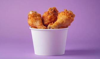 A white paper cup filled with three pieces of fried chicken photo