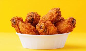 A bowl of fried chicken wings sits on a yellow table photo
