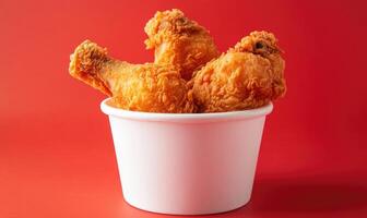 Three pieces of fried chicken are in a white bowl on a red background photo