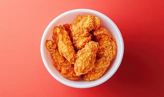 A bowl of fried chicken with a red background photo