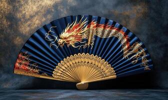 A blue and gold dragon fan is displayed on a dark background photo