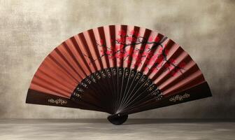 A red and brown fan with a tree design on it photo
