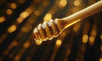 A close up of a honeycomb with a honey stick photo