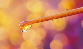 A droplet of water is hanging from a tree branch photo