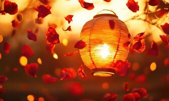 A lantern with red petals falling around it photo