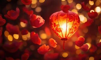 A red lantern is floating in the air above a bed of red petals photo