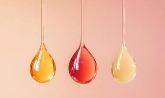 Three different colored bottles of liquid hanging from a string photo