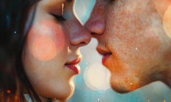 a couple is kissing in front of a bokeh background photo