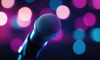 A microphone is shown with a purple background photo