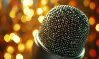 A microphone with a fuzzy texture is placed on a background of bright lights photo