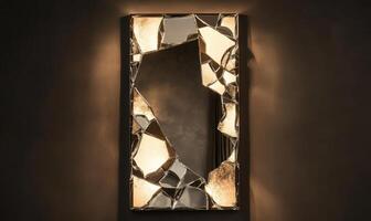 A mirror with a broken frame and a light shining on it photo