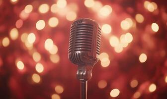 A microphone is placed in front of a red background with a blurry effect photo