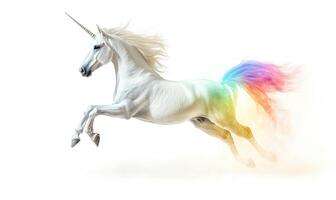 A unicorn with rainbow colored tail is running photo
