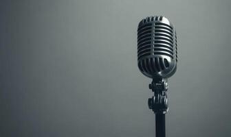 A microphone is on a stand in front of a grey background photo
