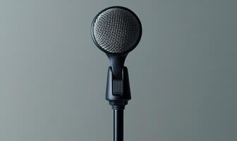 A microphone is standing upright on a grey background photo