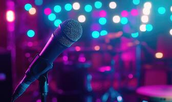 A microphone is on a stand in front of a drum set photo