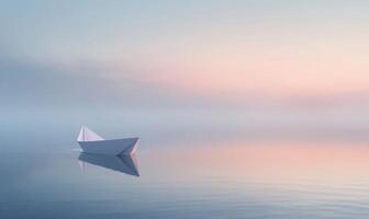 A paper boat is floating on the surface of a calm sea water photo