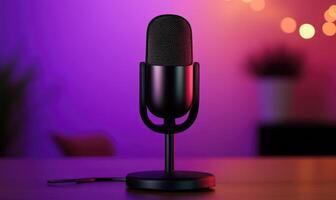 A microphone is on a table in front of a purple background photo