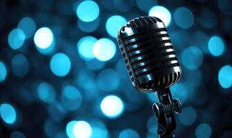 A microphone is on a blue background with a blurry effect photo