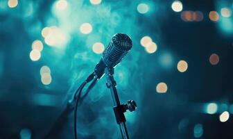 A microphone is pointed at a microphone stand with smoke coming out of it photo