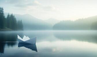 A paper boat is floating on a lake photo
