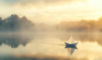A paper boat is floating on a lake in the fog photo