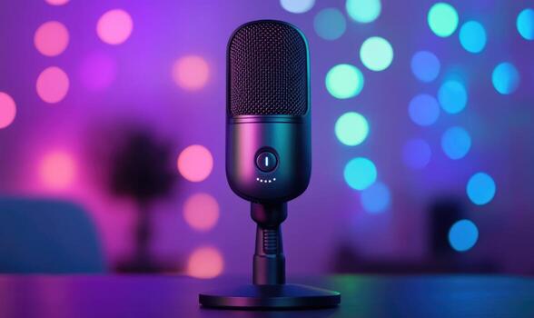 A microphone is on a table in front of a colorful background photo